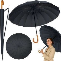 Stor automatisk paraply med træhåndtag, 24 ribber, 115 cm, sort