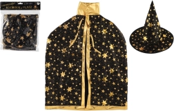 Børne heksehat og kappe i sort-guld, diameter 38 cm