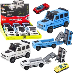 Terrængående bil med skjult lille bil og affyringsrampe, lys og lyd – hvid/blå