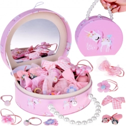 Sød smykkeboks i økolæder med spejl og hårpyntssæt