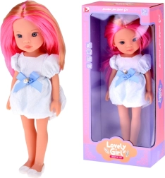 dukke med langt pink-blond hår i hvid kjole med blå sløjfe 33 cm