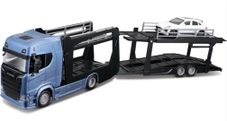 Bburago Street Fire lastbil Scania 770S med trailer og Porsche Macan 1:43