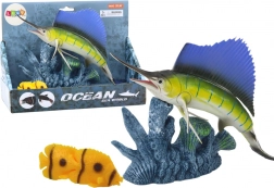 Figur Sværdfisk på Koralrev med Små Fisk