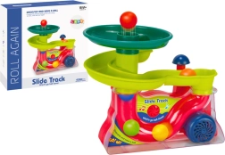 Farverig fontæne med rutsjebane til bolde med lyde