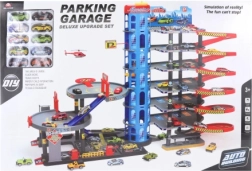 Stor etagegarage med biler og heliport