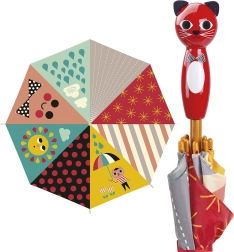 Farverig børneparaply med håndtag i form af en kat