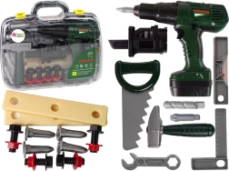 Børneværktøjssæt med kuffert og grøn batteridrevet boremaskine
