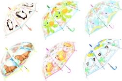 Børneparaply med automatisk åbning med glade dyr, gennemsigtig kuppel