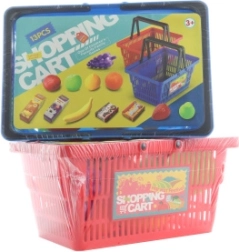 Indkøbskurv med frugt og dagligvarer