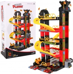 Fleretagers parkeringsgarage med bevægelig elevator og 10 racerbiler