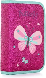 En-etagers skolepenalhus med palieteffekt, sommerfuglemotiv, 2 flapper