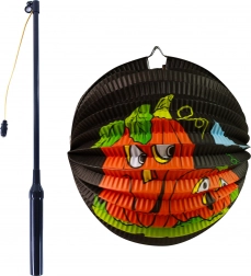 Halloween papirlampe græskar 25 cm med lysstav 50 cm