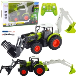 RC traktor 2-i-1 med drejeskovl og baggravearm, 2,4 GHz, skala 1:24