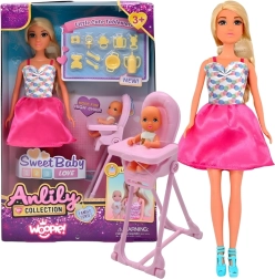 Woopie Royal dukke Lily med baby og høj barnestol – sæt tilbehør