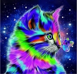 Diamantmosaik - Kat med sommerfugl om natten