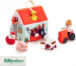 Lilliputiens fold-ud gård med 6 dyr, landmand og traktor 18 m+