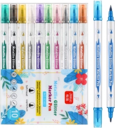 Sæt med metalliske dobbeltsidede tuscher med glimmer, 10 stk.