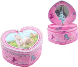 Rosa hjerteformet spille-smykkeskrin med enhjørning og ballerina