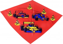 Farverig flyvende drage med racerbilsmotiv