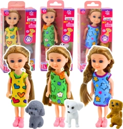 Mini-dukke i kjole med hund 14,5 cm