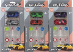 Sæt af metalbiler med trafikskilte