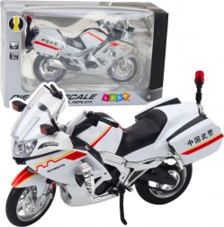 Metal motorcykel 1:12 med lys og lyd – hvid med rød‑gule elementer