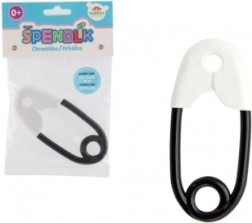 Klassisk baby rangle formet som en plast sikkerhedsnål i hvid og sort