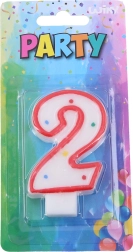 Fødselsdagslys tal 2 til kage – hvid med rød kant og prikker