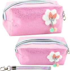 Lyserød kosmetikpung med sløjfe og glimmer