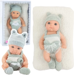 Stofdukke baby med stykke tæppe, grå-hvidt tøj, hue, 18 cm