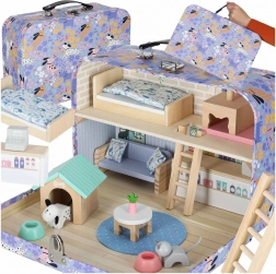 Bærbart trædukkehus i kuffert – kæledyrshotel med møbler og figurer