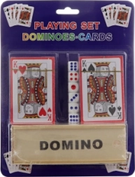 Sæt med spillekort, terninger og domino