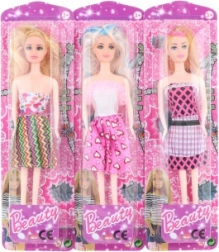 Dukke i farverig kjole 28 cm