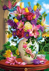Puslespil 1500 brikker Vase med blomster – Kolibrier