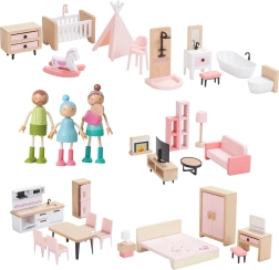 Træsæt med møbler til dukkehus med familie 5 i 1