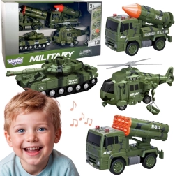 WOOPIE sæt med militærkøretøjer med raketkastere, tank og helikopter 4 stk., skala 1:20