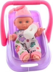 Dukkevugge baby i autostol 22 cm med sutteflaske