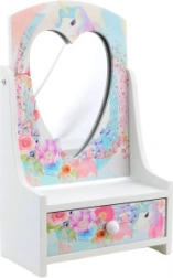 Træ smykkeskrin med hjerteformet spejl Enhjørning