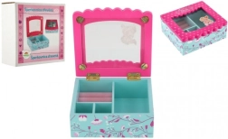 Træ-smykkeskrin med blomster og spejl, turkis‑rosa