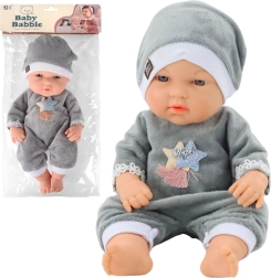 Dukke baby i grå pyjamas med hue 30 cm
