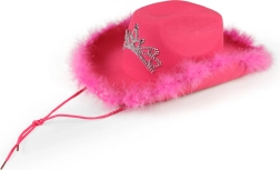 Pink cowboyhat med krone og fjer til damer