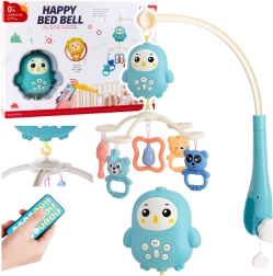 Musikmobil over tremmeseng med natlampe og rasler – blå