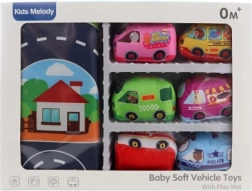 Børnetransportsæt med stofmåtte og 6 køretøjer