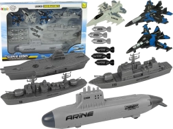 Maritimt militærsæt med ubåd, krigsskibe og jagerfly