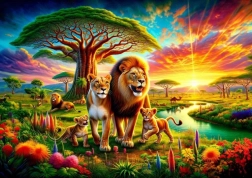 Puslespil med motiv af løvefamilie, 200 brikker