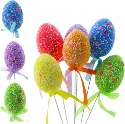 Påskeæg på tråd, farvede med hvide mønstre og sløjfe, 6 stk.