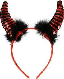 Djævlerhorn med pailletter og fjer på satinhårbøjle