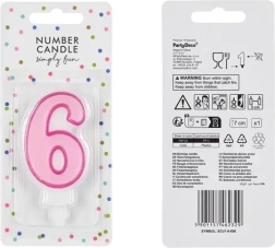 Lyserødt fødselsdagslys med tallet 6, 7 cm