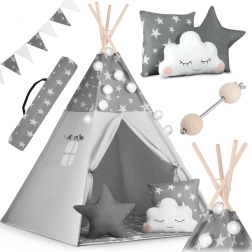 Børne-teepee NUKIDO med lys og guirlande – grå med stjerner