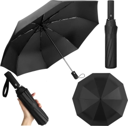 Automatisk sammenklappelig paraply med 12 ribber, sort, med etui 105 cm